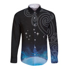 New Zealand Matariki Long Sleeve Button Shirt Pleiades Star Cluster Blue Galaxy