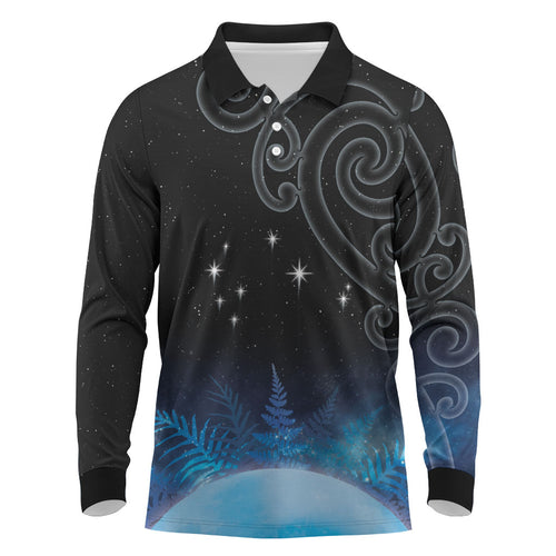 New Zealand Matariki Long Sleeve Polo Shirt Pleiades Star Cluster Blue Galaxy