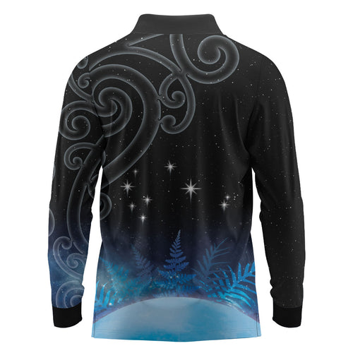 New Zealand Matariki Long Sleeve Polo Shirt Pleiades Star Cluster Blue Galaxy