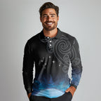 New Zealand Matariki Long Sleeve Polo Shirt Pleiades Star Cluster Blue Galaxy