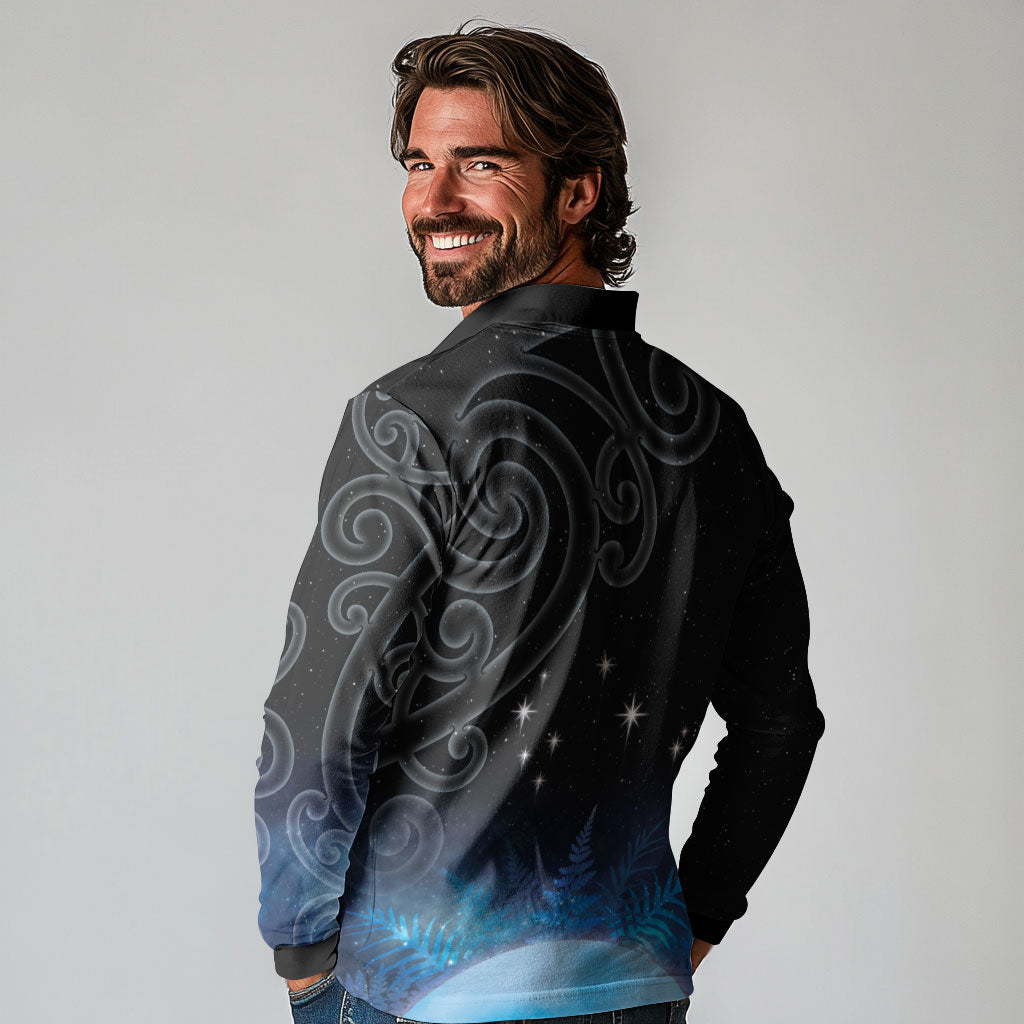 New Zealand Matariki Long Sleeve Polo Shirt Pleiades Star Cluster Blue Galaxy