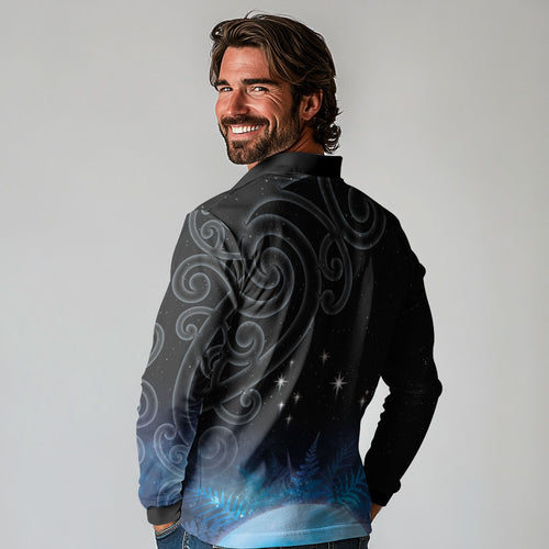 New Zealand Matariki Long Sleeve Polo Shirt Pleiades Star Cluster Blue Galaxy