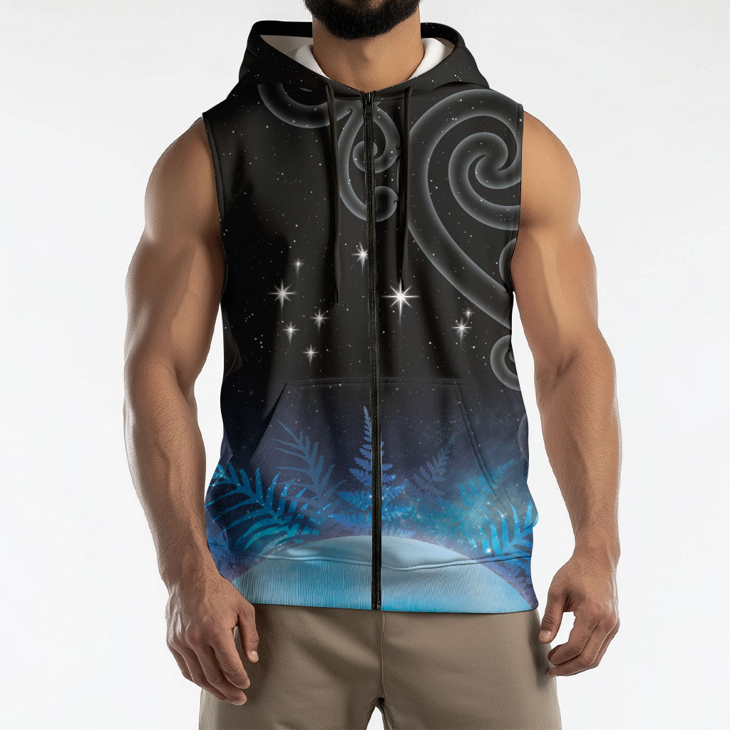 New Zealand Matariki Sleeveless Zip Hoodie Pleiades Star Cluster Blue Galaxy