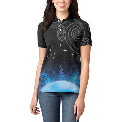 New Zealand Matariki Women Polo Shirt Pleiades Star Cluster Blue Galaxy