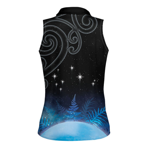 New Zealand Matariki Women Sleeveless Polo Shirt Pleiades Star Cluster Blue Galaxy