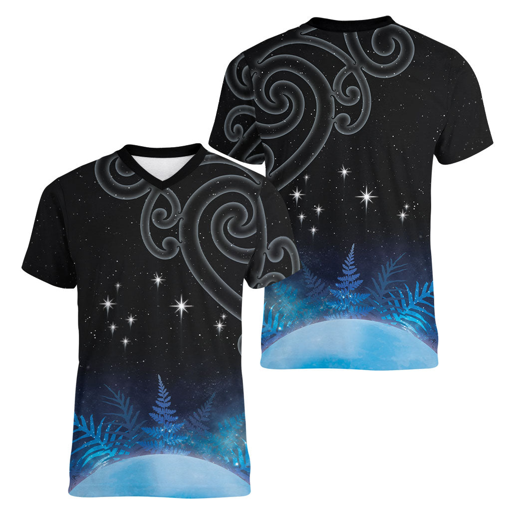 New Zealand Matariki Women V-Neck T-Shirt Pleiades Star Cluster Blue Galaxy