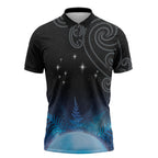 New Zealand Matariki Zipper Polo Shirt Pleiades Star Cluster Blue Galaxy
