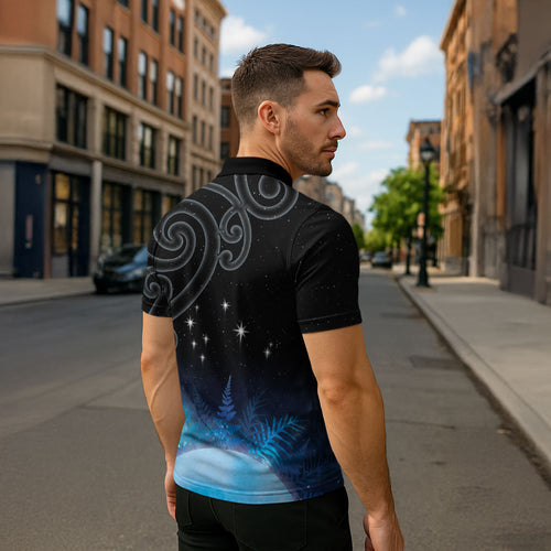 New Zealand Matariki Zipper Polo Shirt Pleiades Star Cluster Blue Galaxy