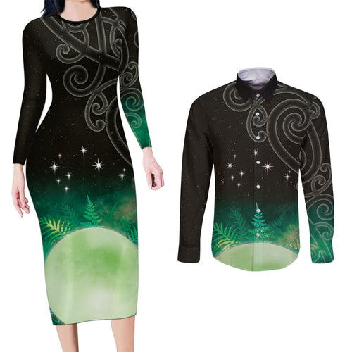 New Zealand Matariki Couples Matching Long Sleeve Bodycon Dress and Long Sleeve Button Shirt Pleiades Star Cluster Green Galaxy