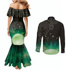 New Zealand Matariki Couples Matching Mermaid Dress and Long Sleeve Button Shirt Pleiades Star Cluster Green Galaxy