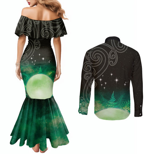 New Zealand Matariki Couples Matching Mermaid Dress and Long Sleeve Button Shirt Pleiades Star Cluster Green Galaxy