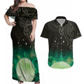 New Zealand Matariki Couples Matching Off Shoulder Maxi Dress and Hawaiian Shirt Pleiades Star Cluster Green Galaxy