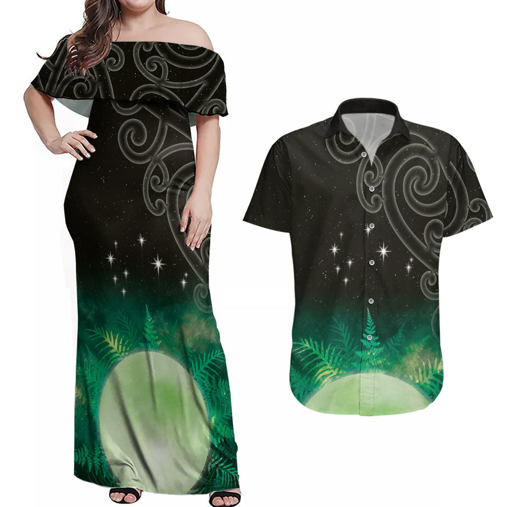 New Zealand Matariki Couples Matching Off Shoulder Maxi Dress and Hawaiian Shirt Pleiades Star Cluster Green Galaxy