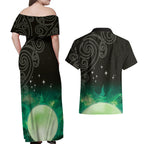 New Zealand Matariki Couples Matching Off Shoulder Maxi Dress and Hawaiian Shirt Pleiades Star Cluster Green Galaxy