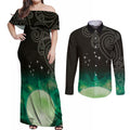 New Zealand Matariki Couples Matching Off Shoulder Maxi Dress and Long Sleeve Button Shirt Pleiades Star Cluster Green Galaxy