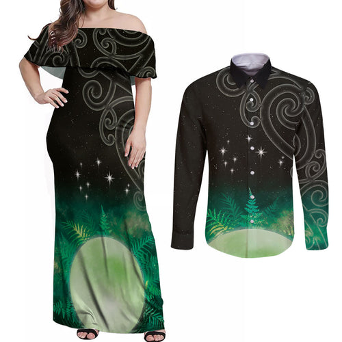 New Zealand Matariki Couples Matching Off Shoulder Maxi Dress and Long Sleeve Button Shirt Pleiades Star Cluster Green Galaxy