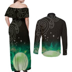 New Zealand Matariki Couples Matching Off Shoulder Maxi Dress and Long Sleeve Button Shirt Pleiades Star Cluster Green Galaxy