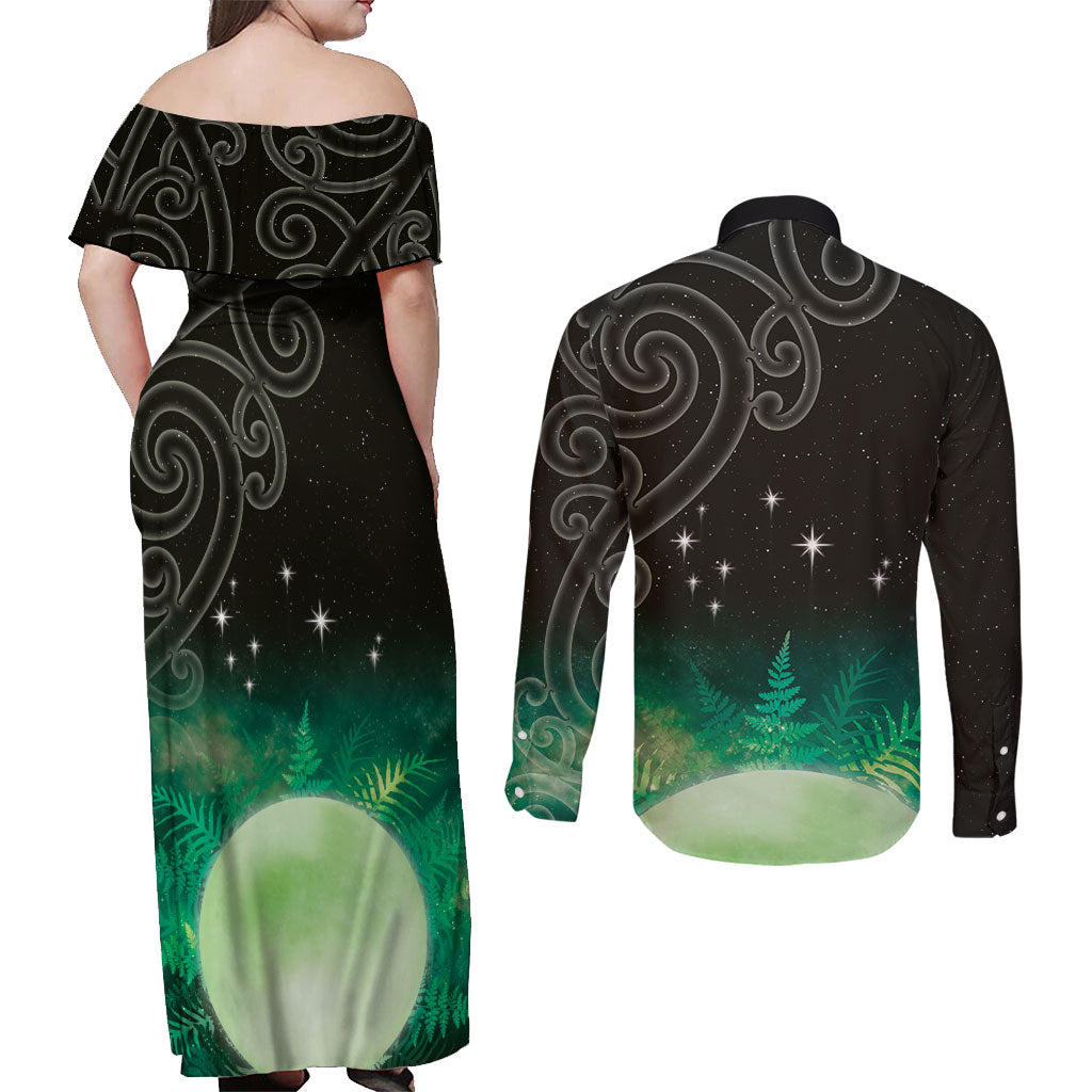 New Zealand Matariki Couples Matching Off Shoulder Maxi Dress and Long Sleeve Button Shirt Pleiades Star Cluster Green Galaxy