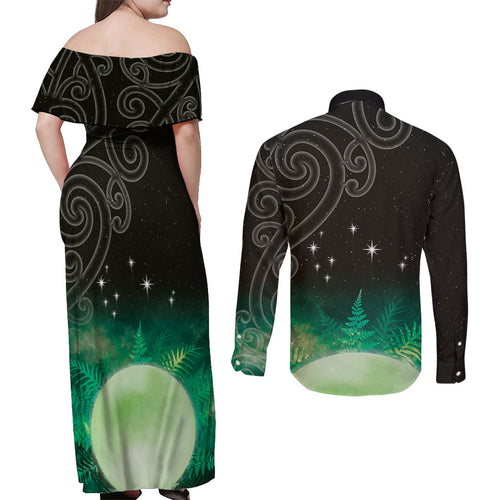 New Zealand Matariki Couples Matching Off Shoulder Maxi Dress and Long Sleeve Button Shirt Pleiades Star Cluster Green Galaxy