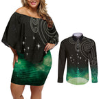 New Zealand Matariki Couples Matching Off Shoulder Short Dress and Long Sleeve Button Shirt Pleiades Star Cluster Green Galaxy