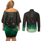 New Zealand Matariki Couples Matching Off Shoulder Short Dress and Long Sleeve Button Shirt Pleiades Star Cluster Green Galaxy
