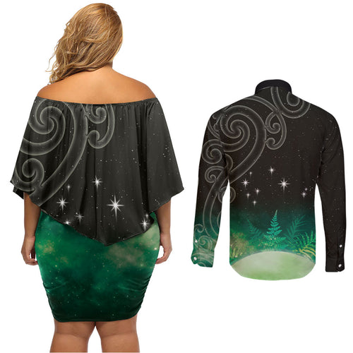 New Zealand Matariki Couples Matching Off Shoulder Short Dress and Long Sleeve Button Shirt Pleiades Star Cluster Green Galaxy