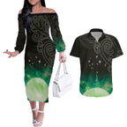 New Zealand Matariki Couples Matching Off The Shoulder Long Sleeve Dress and Hawaiian Shirt Pleiades Star Cluster Green Galaxy