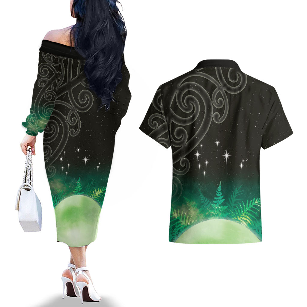 New Zealand Matariki Couples Matching Off The Shoulder Long Sleeve Dress and Hawaiian Shirt Pleiades Star Cluster Green Galaxy