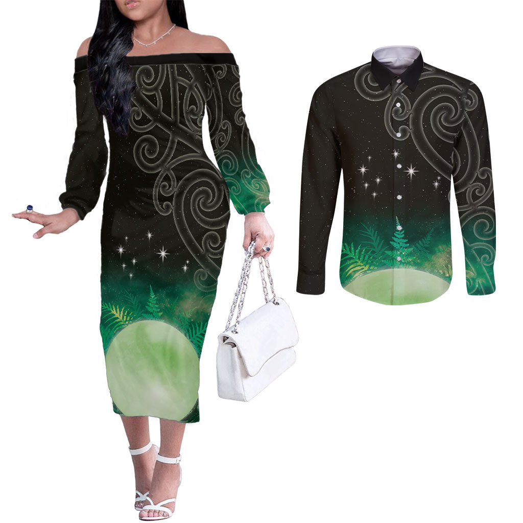 New Zealand Matariki Couples Matching Off The Shoulder Long Sleeve Dress and Long Sleeve Button Shirt Pleiades Star Cluster Green Galaxy