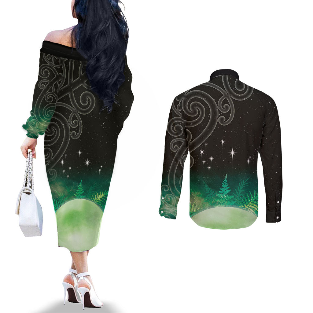 New Zealand Matariki Couples Matching Off The Shoulder Long Sleeve Dress and Long Sleeve Button Shirt Pleiades Star Cluster Green Galaxy
