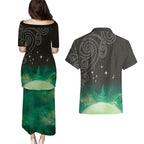 New Zealand Matariki Couples Matching Puletasi and Hawaiian Shirt Pleiades Star Cluster Green Galaxy