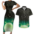 New Zealand Matariki Couples Matching Short Sleeve Bodycon Dress and Hawaiian Shirt Pleiades Star Cluster Green Galaxy