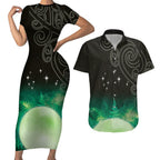 New Zealand Matariki Couples Matching Short Sleeve Bodycon Dress and Hawaiian Shirt Pleiades Star Cluster Green Galaxy