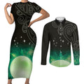 New Zealand Matariki Couples Matching Short Sleeve Bodycon Dress and Long Sleeve Button Shirt Pleiades Star Cluster Green Galaxy