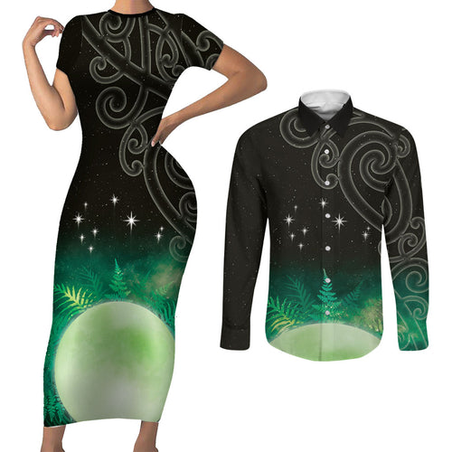 New Zealand Matariki Couples Matching Short Sleeve Bodycon Dress and Long Sleeve Button Shirt Pleiades Star Cluster Green Galaxy