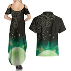 New Zealand Matariki Couples Matching Summer Maxi Dress and Hawaiian Shirt Pleiades Star Cluster Green Galaxy