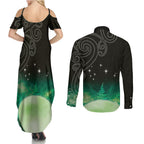 New Zealand Matariki Couples Matching Summer Maxi Dress and Long Sleeve Button Shirt Pleiades Star Cluster Green Galaxy