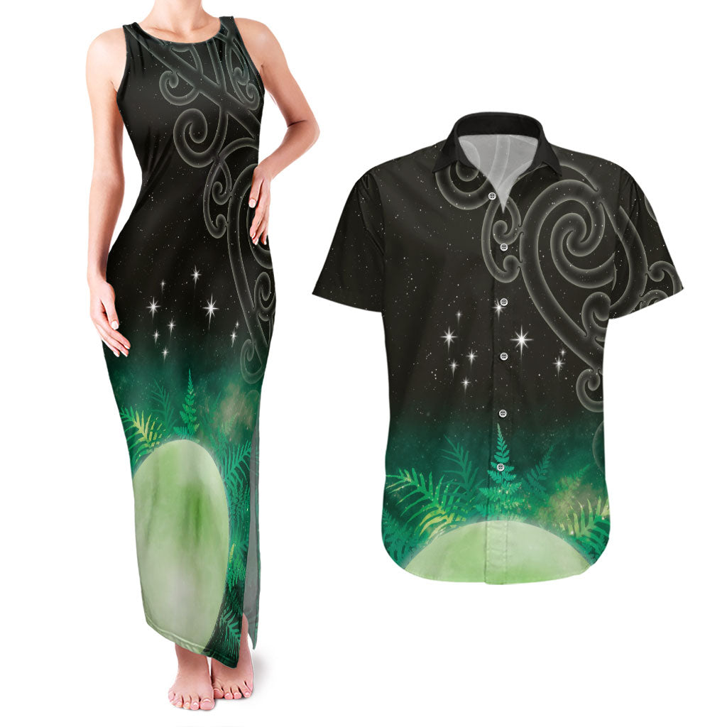 New Zealand Matariki Couples Matching Tank Maxi Dress and Hawaiian Shirt Pleiades Star Cluster Green Galaxy