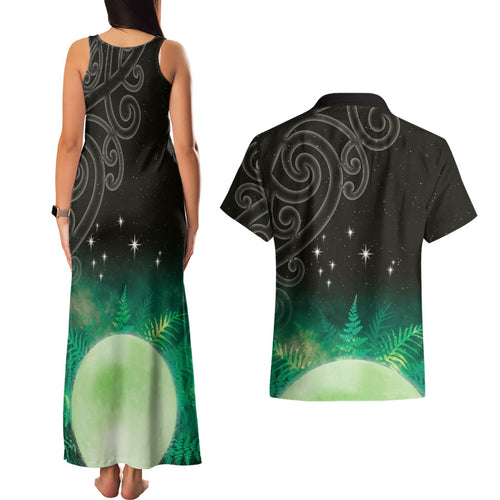 New Zealand Matariki Couples Matching Tank Maxi Dress and Hawaiian Shirt Pleiades Star Cluster Green Galaxy