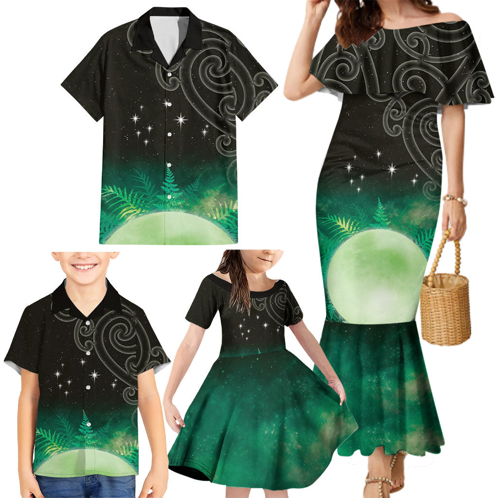 New Zealand Matariki Family Matching Mermaid Dress and Hawaiian Shirt Pleiades Star Cluster Green Galaxy