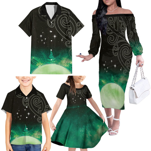 New Zealand Matariki Family Matching Off The Shoulder Long Sleeve Dress and Hawaiian Shirt Pleiades Star Cluster Green Galaxy