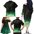 New Zealand Matariki Family Matching Off The Shoulder Long Sleeve Dress and Hawaiian Shirt Pleiades Star Cluster Green Galaxy