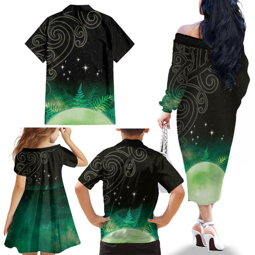 New Zealand Matariki Family Matching Off The Shoulder Long Sleeve Dress and Hawaiian Shirt Pleiades Star Cluster Green Galaxy