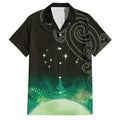 New Zealand Matariki Family Matching Off The Shoulder Long Sleeve Dress and Hawaiian Shirt Pleiades Star Cluster Green Galaxy