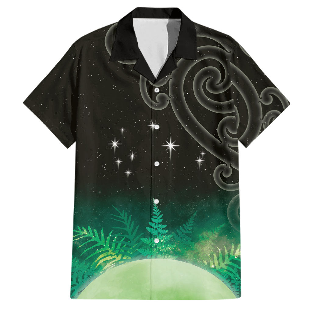 New Zealand Matariki Family Matching Off The Shoulder Long Sleeve Dress and Hawaiian Shirt Pleiades Star Cluster Green Galaxy