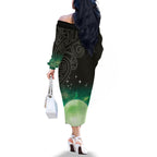 New Zealand Matariki Family Matching Off The Shoulder Long Sleeve Dress and Hawaiian Shirt Pleiades Star Cluster Green Galaxy
