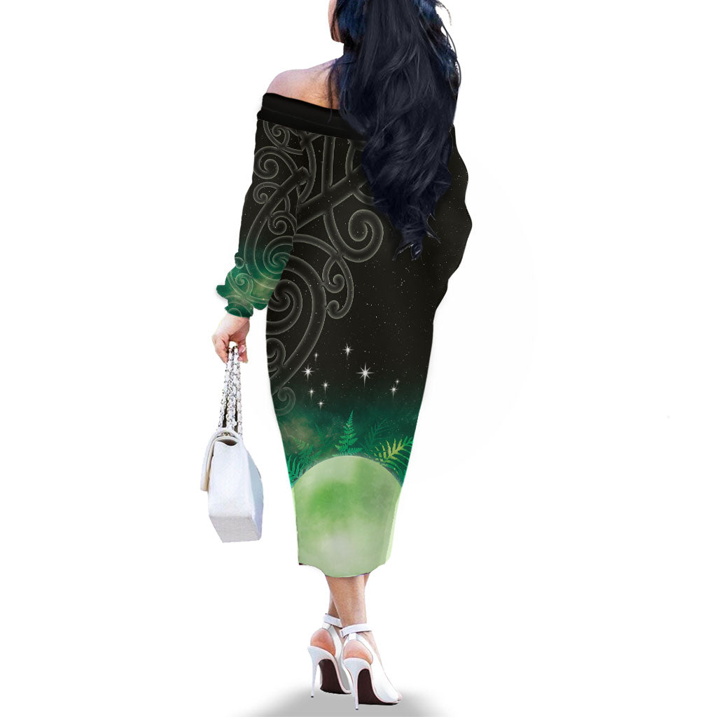 New Zealand Matariki Family Matching Off The Shoulder Long Sleeve Dress and Hawaiian Shirt Pleiades Star Cluster Green Galaxy