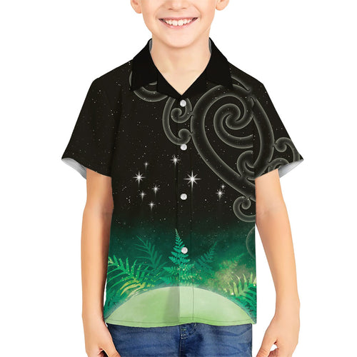 New Zealand Matariki Family Matching Off The Shoulder Long Sleeve Dress and Hawaiian Shirt Pleiades Star Cluster Green Galaxy
