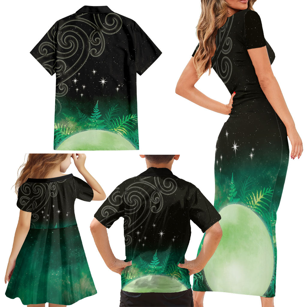 New Zealand Matariki Family Matching Short Sleeve Bodycon Dress and Hawaiian Shirt Pleiades Star Cluster Green Galaxy