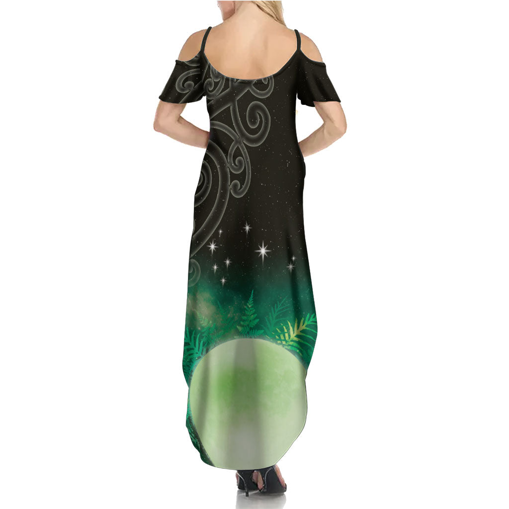 New Zealand Matariki Family Matching Summer Maxi Dress and Hawaiian Shirt Pleiades Star Cluster Green Galaxy